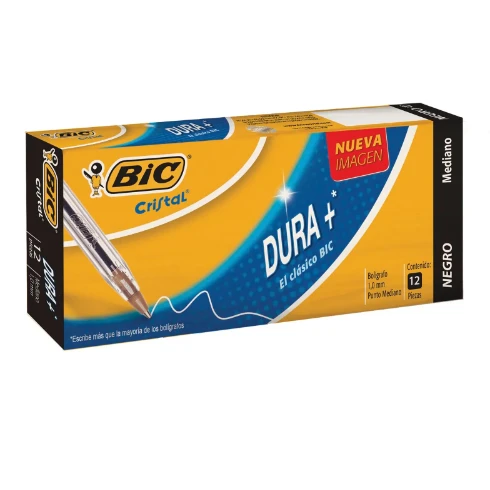 Bolígrafo Bic Cristal Dura+ Punto Mediano Negro 12 pzas